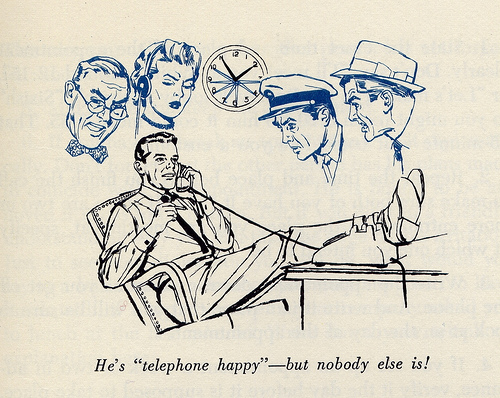 Vintage man on telephone relaxing legs on table illustration.