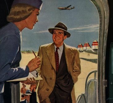 Vintage airline illustration man getting on airplace and hostess holding a pen and clip board.