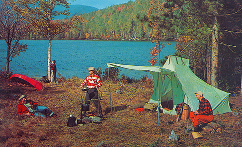 A group of people in a tent, surrounded by nature and embracing their manly vigor as it restores them.