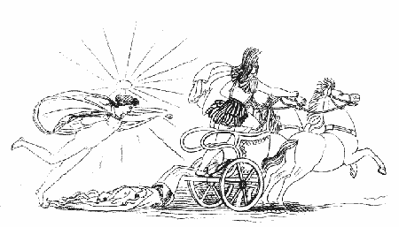 A drawing of a man riding a horse in a chariot.