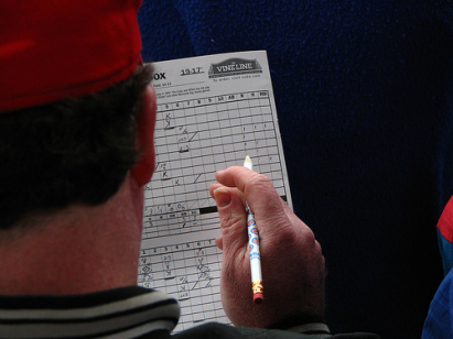 During a baseball game, a man is keeping score by writing on a sheet of paper.