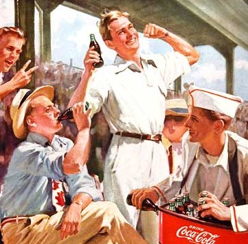 An ad for coca cola featuring a group of connoisseurs enjoying the refreshing soda.