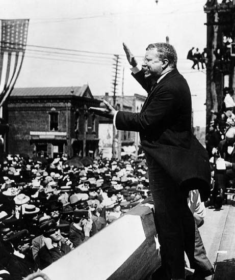 Theodore Roosevelt giving speech during campaign.