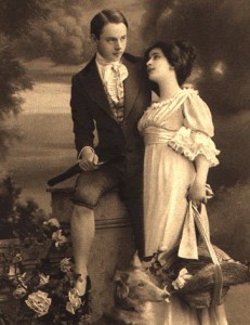 A Victorian gentleman and woman captured in an old photo, accompanied by their loyal dog among blooming flowers.