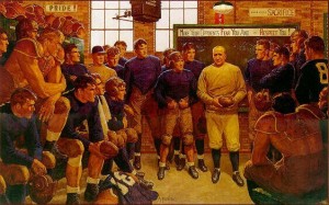 A captivating painting capturing the energy of football players during a locker room speech.