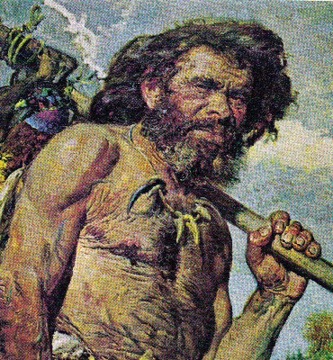 Caveman cartoon illustration carrying meat on stick.