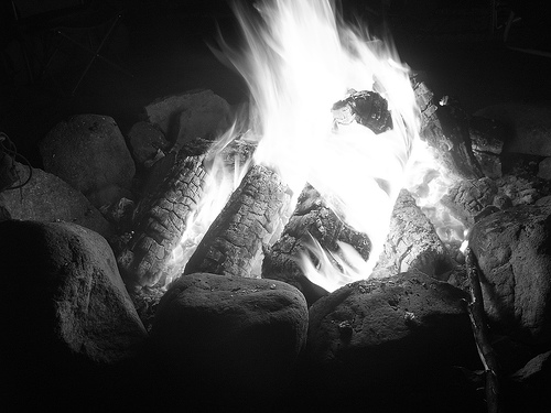 Black and white campfire close up roaring fire.