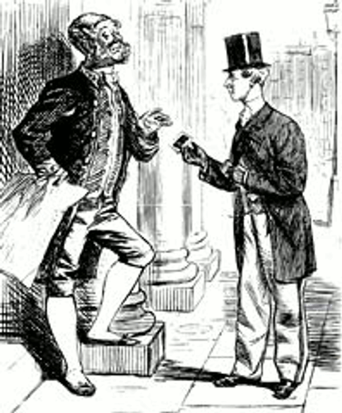 A black and white illustration of a gentleman talking to another man, exchanging calling cards.