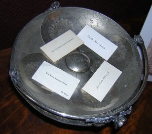 Vintage calling cards in tray.