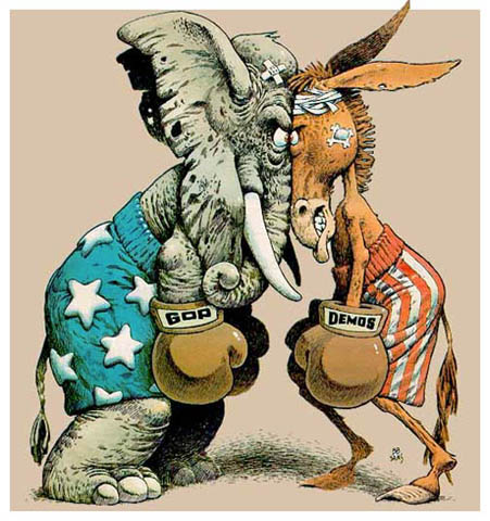 Donkey democrats elephant gop fighting cartoon politics debate.