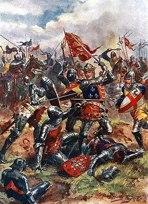 A Manvotional painting capturing the intense battle between knights.