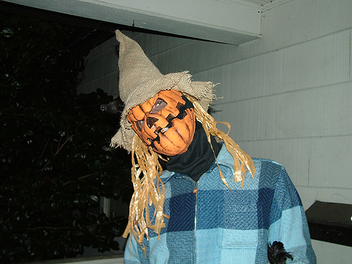 Halloween man dressed up scary scarecrow trick.