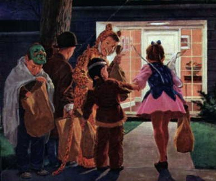 A painting of a group of children dressed up for halloween.