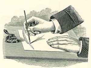 An artistic illustration of a hand writing a thank you note on a piece of paper.