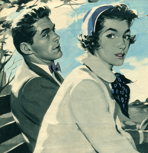 Vintage couple illustration outdoors.