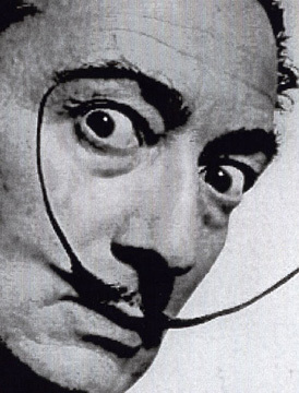 Salvador Dali close up portrait with mustache facial hair.