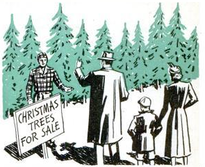 Vintage family buying Christmas tree illustration.