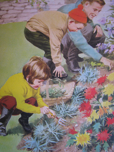 Father and children working in garden illustration. 