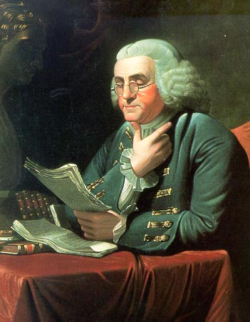 Ben Franklin reading papers at desk illustration.