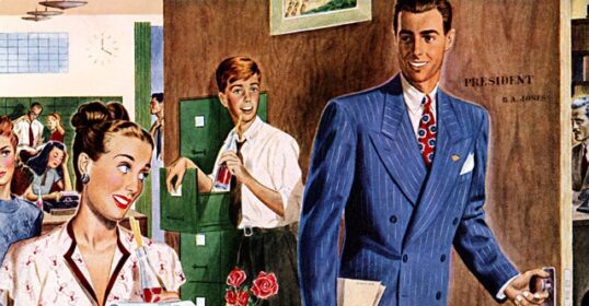 A painting capturing a job interview moment showcasing a man and a woman in formal suits.