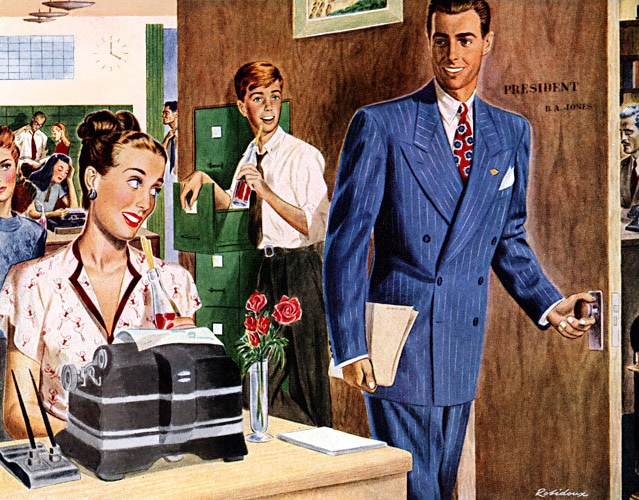 A painting capturing a job interview moment showcasing a man and a woman in formal suits.