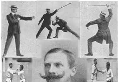 A black and white photo of a martial artist practicing Bartitsu.