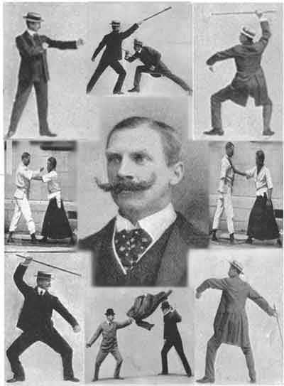 A black and white photo of a martial artist practicing Bartitsu.
