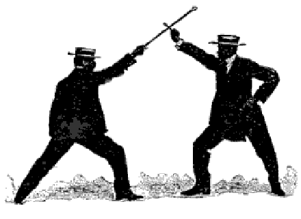 Vintage men stick fighting illustration.