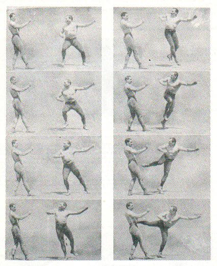 Vintage men performing chase lateral kick illustration.