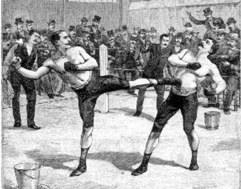 Vintage men fighting in boxing match illustration.