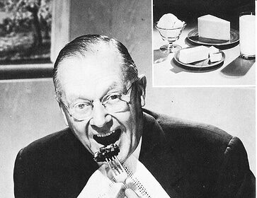 An old black and white photo of Grandpa's diet plan, showing a man eating a steak.