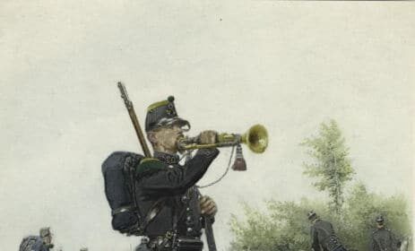 A Manvotional painting depicting a soldier playing a trumpet during reveille.