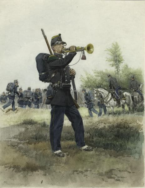 A Manvotional painting depicting a soldier playing a trumpet during reveille.