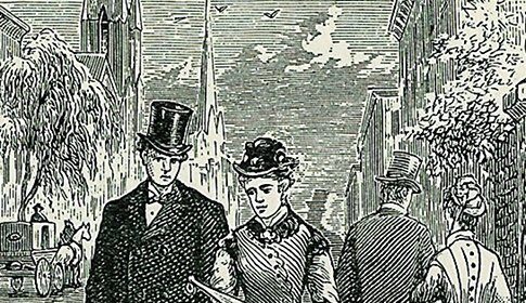 An old engraving depicting a couple strolling through the street, adhering to etiquette norms of their time.