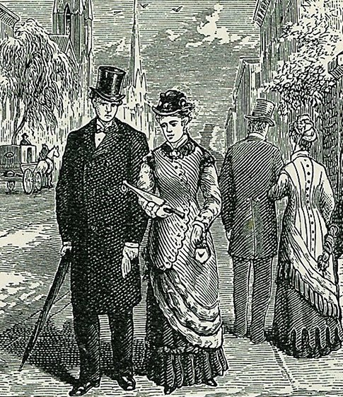 An old engraving depicting a couple strolling through the street, adhering to etiquette norms of their time.