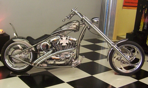 Silver chopper motorbike. 