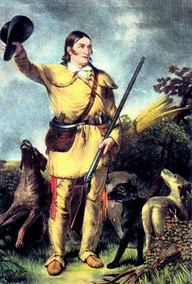 Davy Crockett standing with dogs illustration.