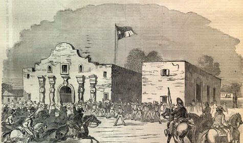 A drawing of a man on horseback in front of a building, capturing the spirit of the Battle of the Alamo.
