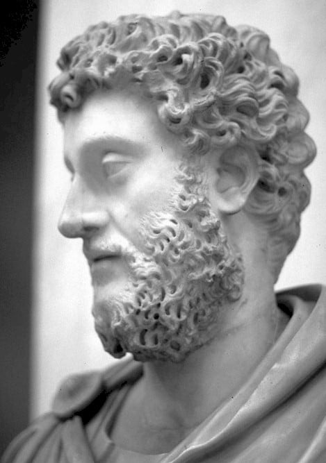 A black and white photo of Marcus Aurelius, depicted in a bust.