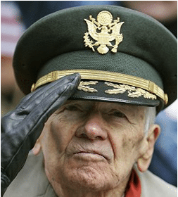 An older man in a military uniform, embodying the spirit of the greatest generation as he salutes with utmost manliness.