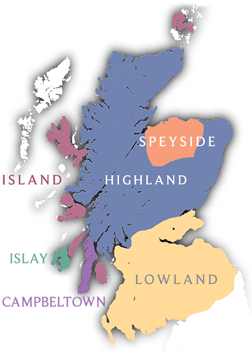 Scotch whisky production map regions illustration.