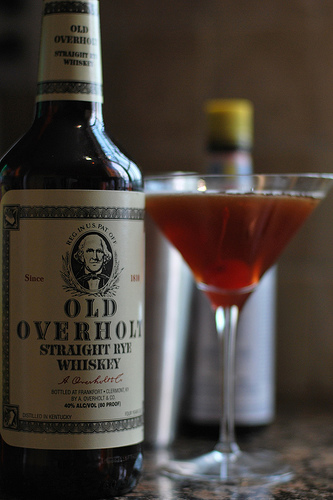 Manhattan cocktail served up with old overholt.