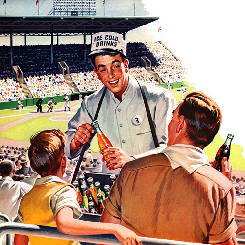 Vintage father son baseball game 1950s illustration.