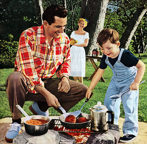 Vintage father son camping and grilling illustration.