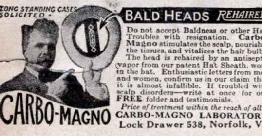 A hilariously outdated advertisement created for bald men, featuring one of the worst products.