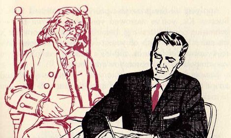 An illustration of a man signing a document with a man sitting next to him, capturing the moment of decision.