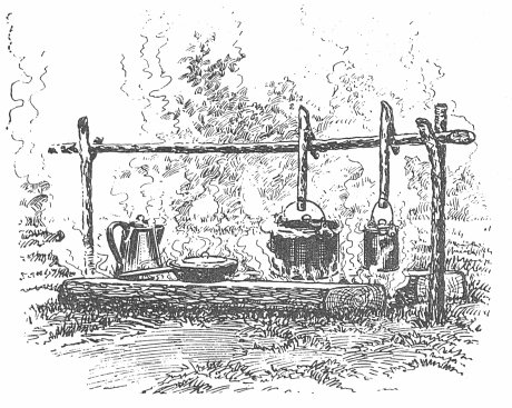 cooking fire outdoor kitchen vintage illustration drawing