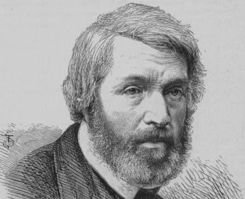 A black and white drawing of a man with a beard, inspired by Thomas Carlyle, the proponent of Manvotional literature.