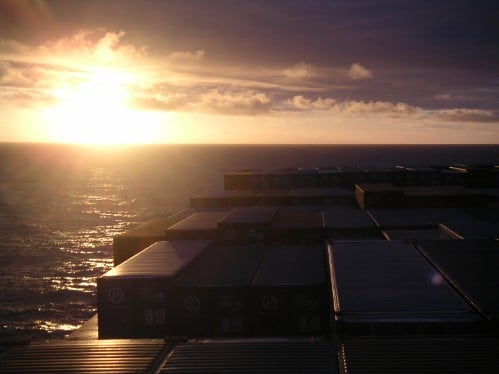 Sunset view from the top of freighter ship.