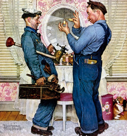 Two plumbers in overalls are talking to each other as they unclog a toilet.